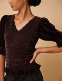 BY IRIS - Raya Velvet Smocked Top, Chocolate