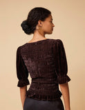 BY IRIS - Raya Velvet Smocked Top, Chocolate