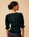 BY IRIS - Raya Velvet Smocked Top, Green